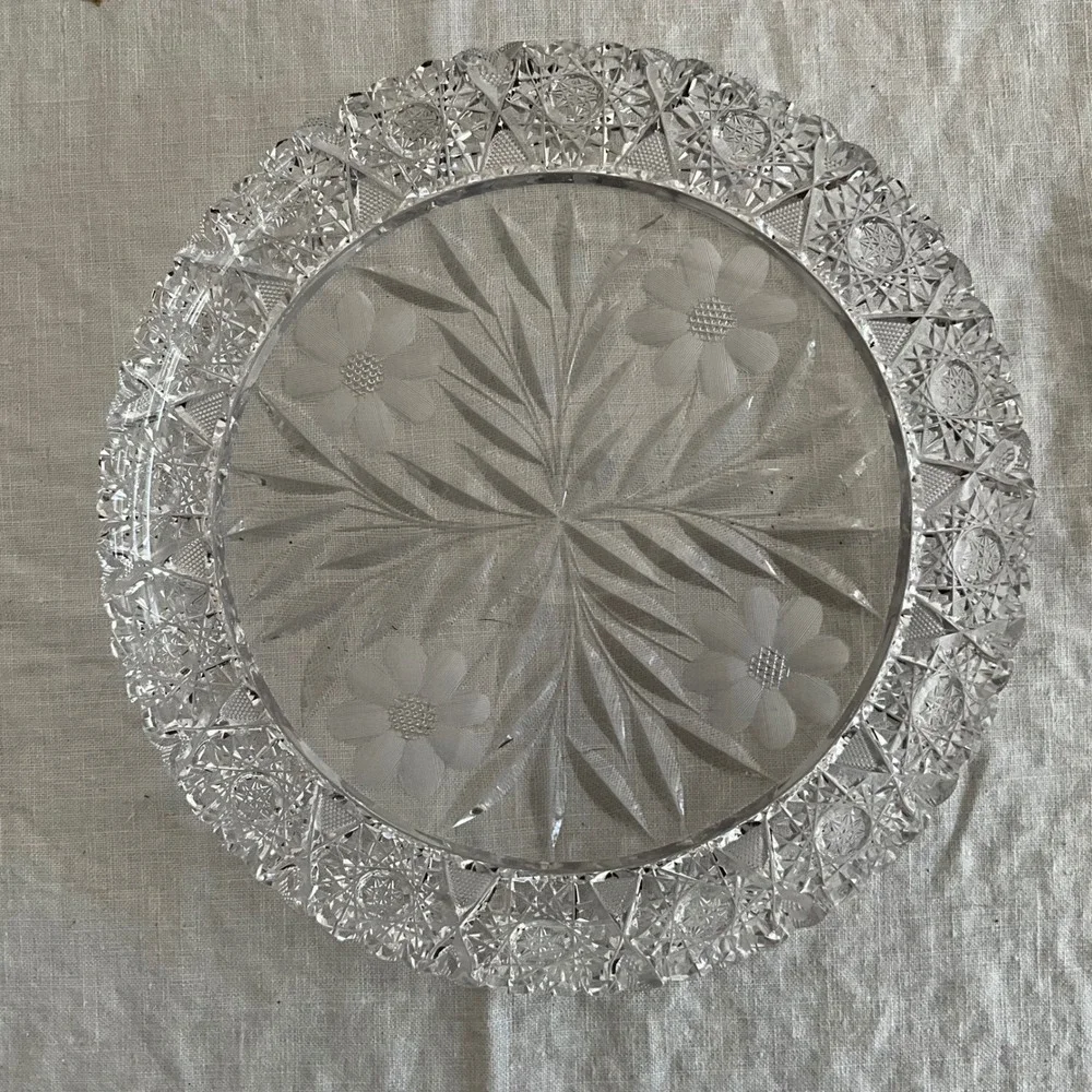 Vintage ABP American Brilliant Cut Glass Plate‎ Intaglio Hobstar Maganese Glow
